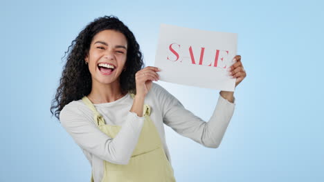 retail, excited and a woman with a sale sign