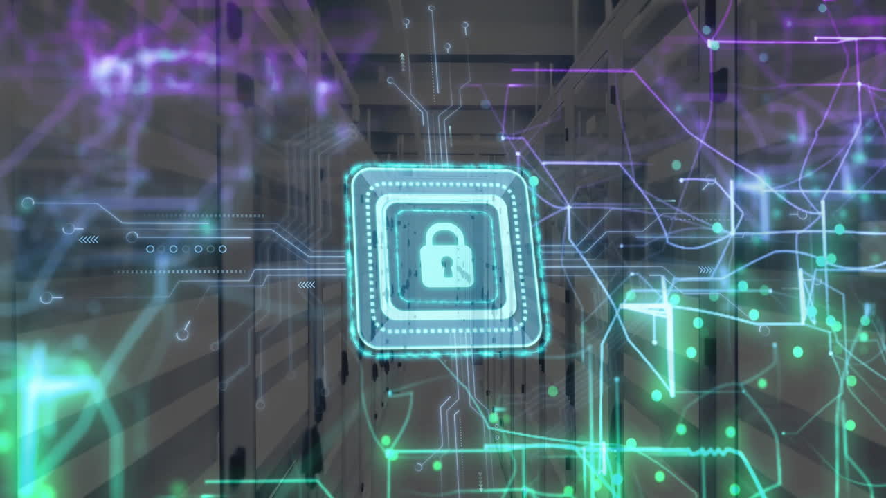 animación del icono del candado y procesamiento de datos digitales a través de servidores informáticos