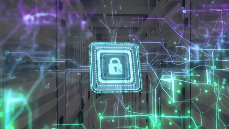 Animation of padlock icon and digital data processing over computer servers