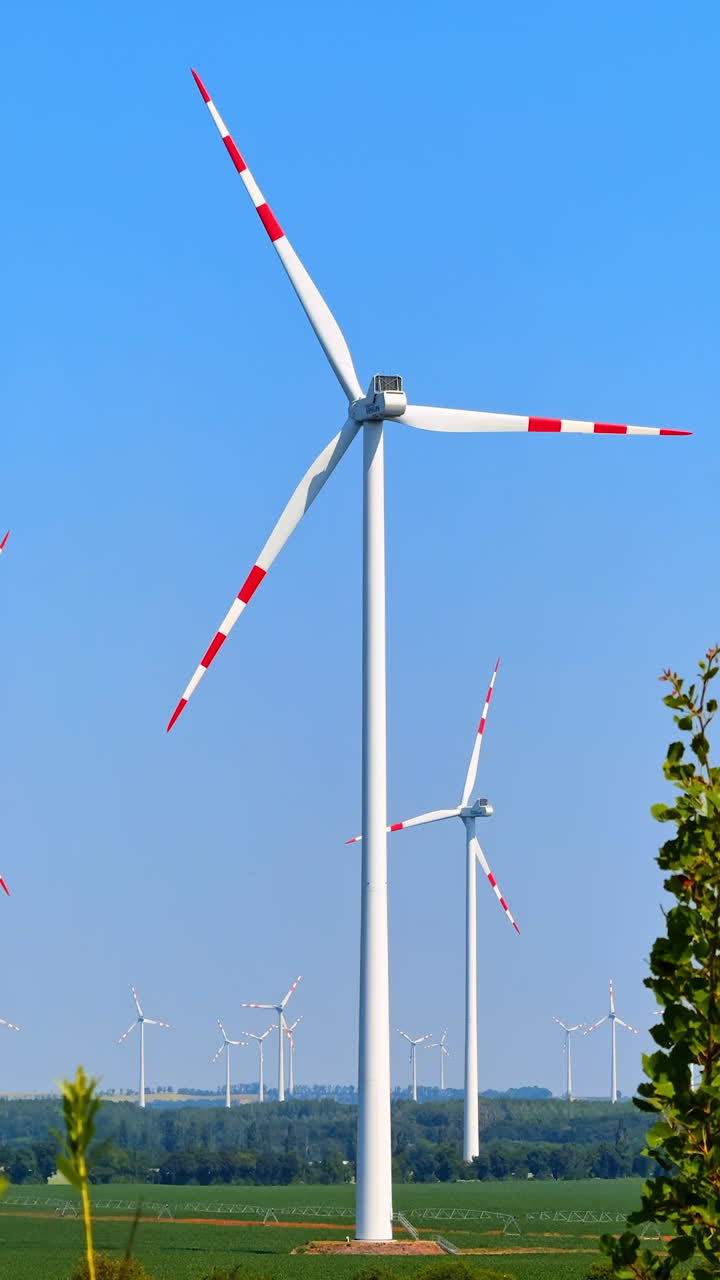 Windmills rotate in the wind. Low angle view at the wind farms in the rural area. Vertical video.
