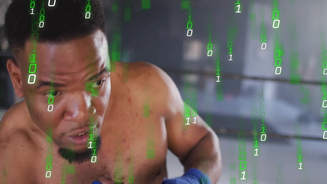 Male boxer throwing jab in ring slipping guarding blue wraps under binary overlay sports training