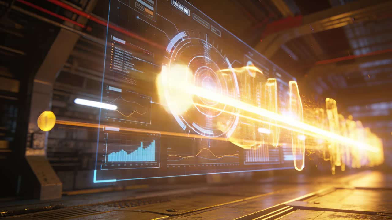 Sending orange beam after system firing across metal corridor, lighting HUD and forming gold orbs