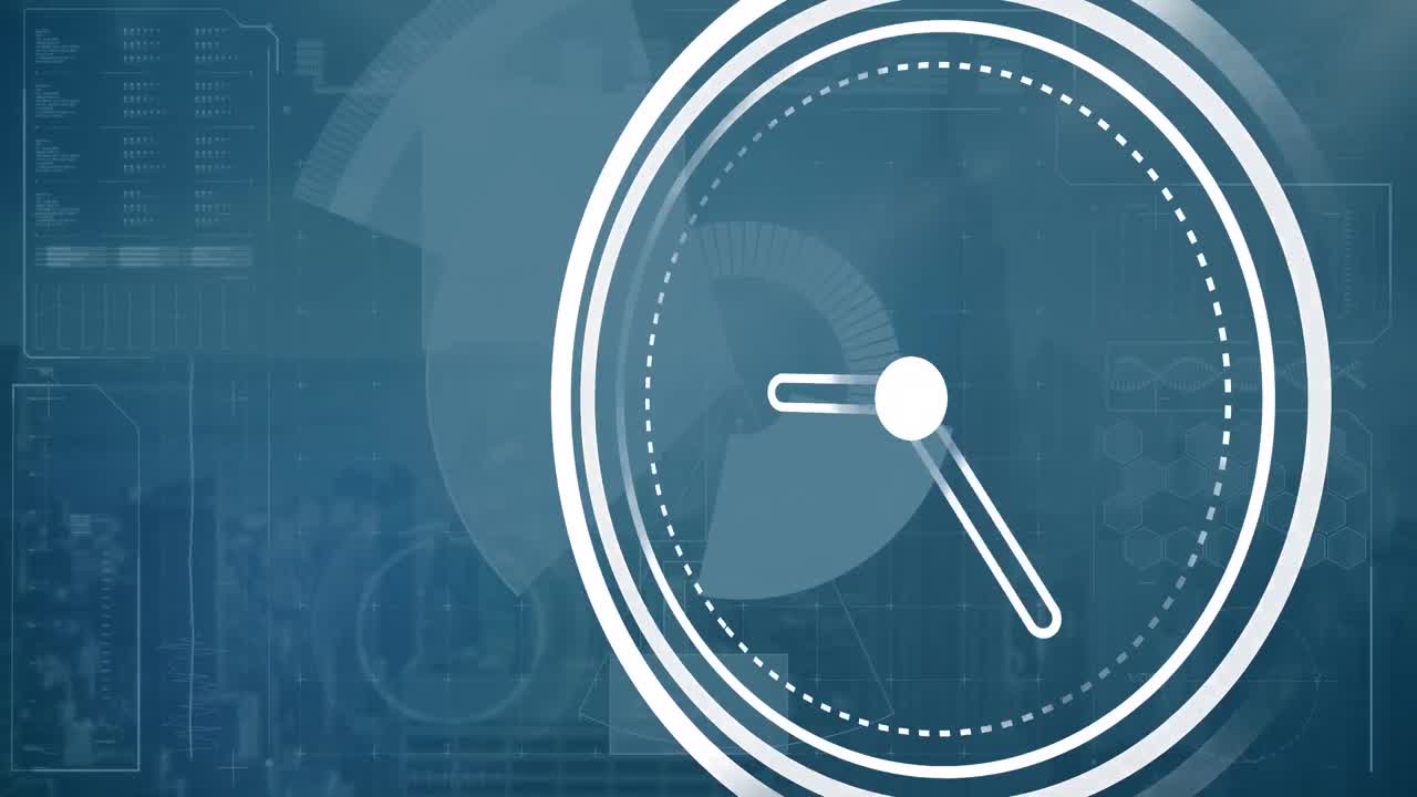 animación del reloj y el procesamiento de datos sobre fondo azul