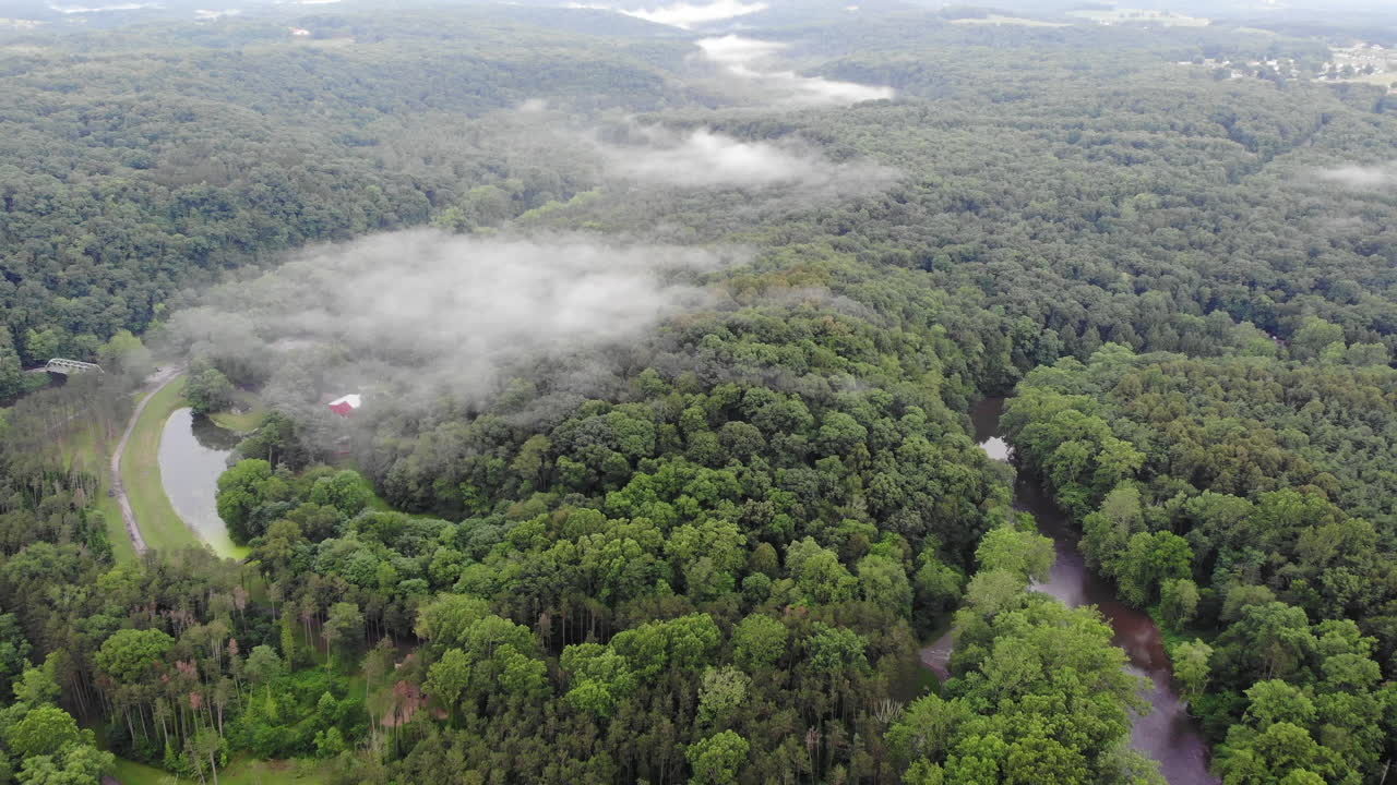 Beautiful Aerial Shot Of A Forest With Trees And A River In Beavercreek, Ohio