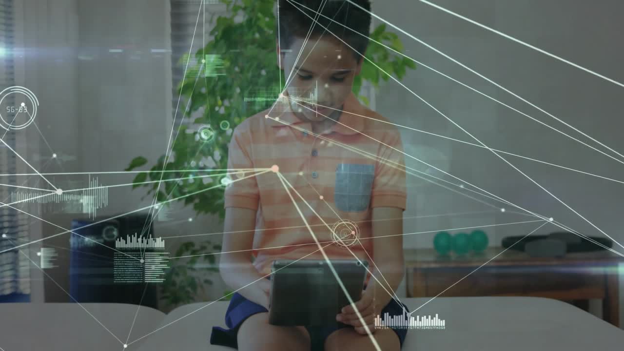 Boy tapping tablet screen, visualizing technology network and exploring data in home living room
