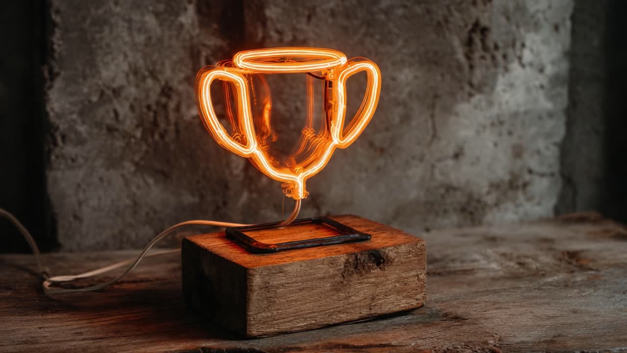 A Stunning Neon Trophy Lamp Illuminating the Vintage Wooden Base, Capturing the Essence of Achievement and Celebration in a Cozy Atmosphere