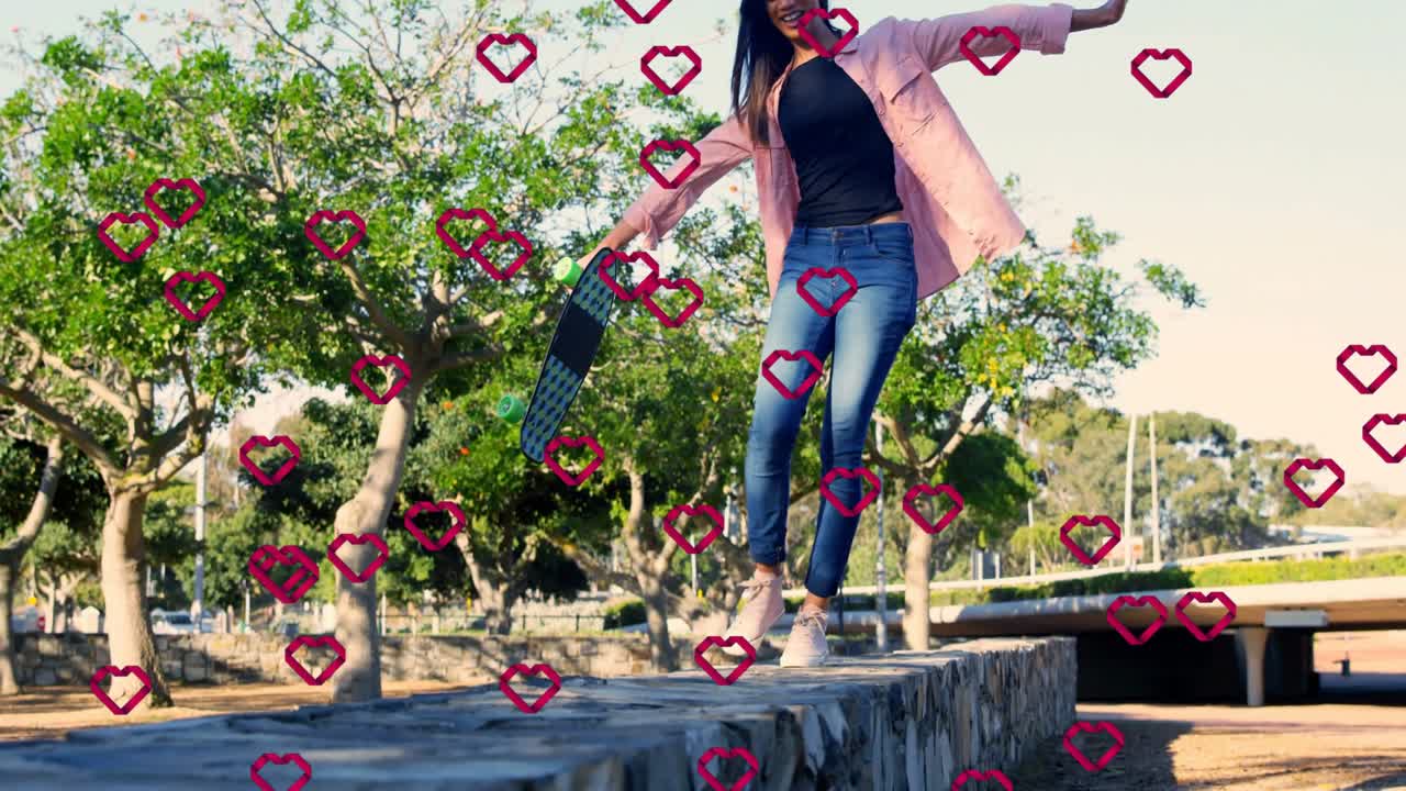 Mujer con patineta subiendo a una pared en un parque, entrenando para un deporte, mientras corazones ascienden a su alrededor.