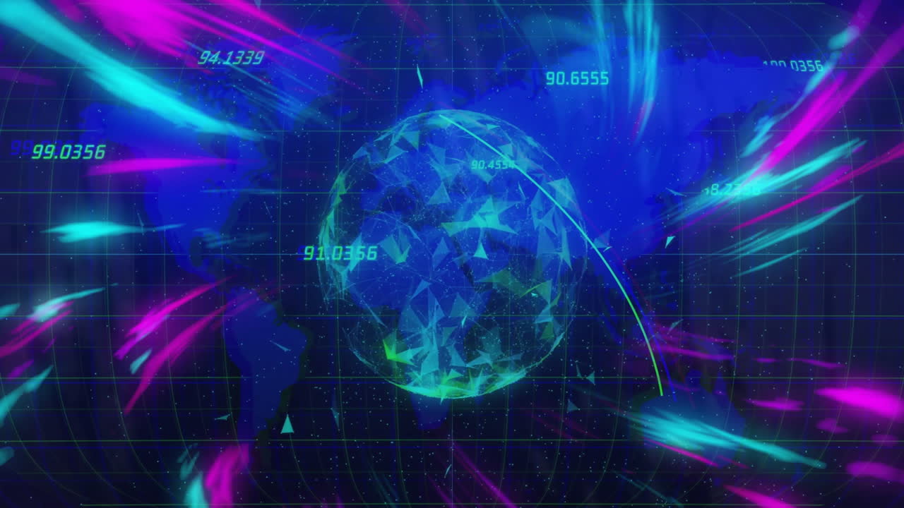 지구의 좌표와 데이터 포인트, 다채로운 디지털 애니메이션으로 둘러싸여