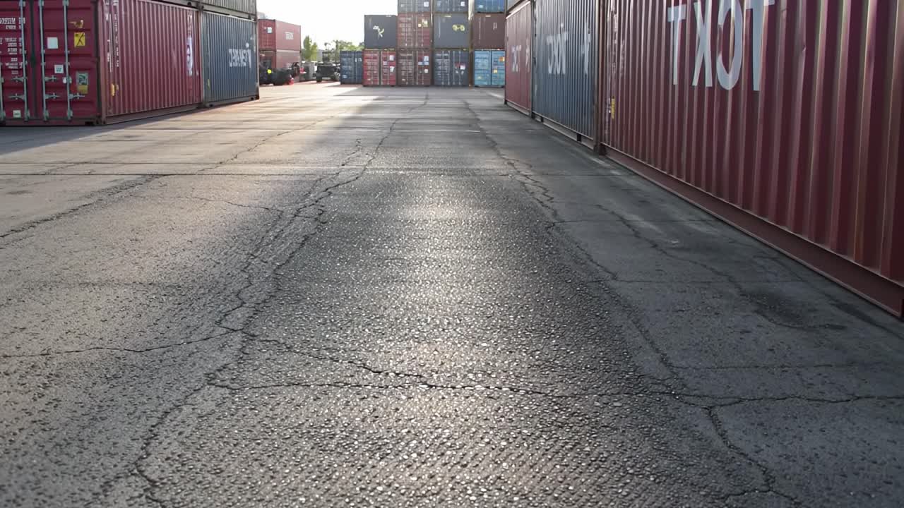 Industrial Container Yard with Sunlit Pathway: A Welcoming View of Shipping Containers Creating a Unique Urban Landscape