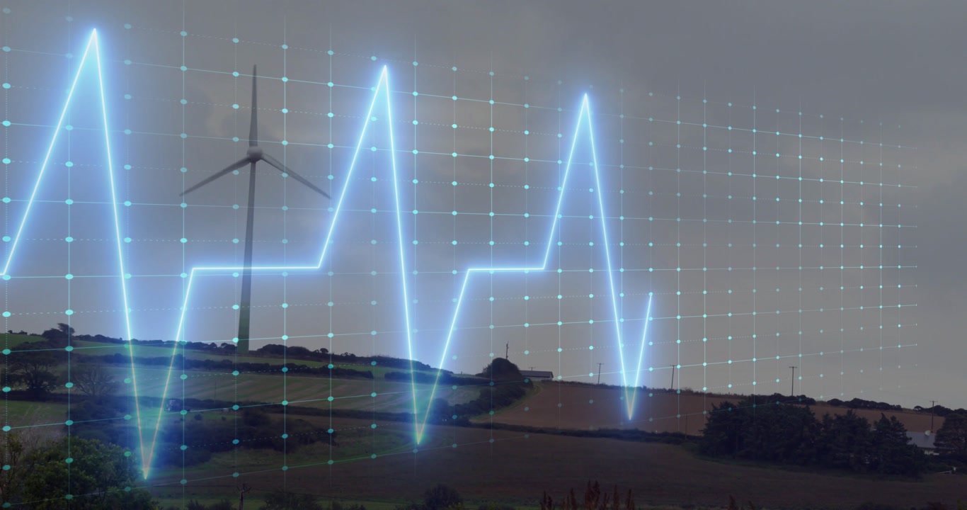Neon-blue ECG-like waveform entering from left, pulsing across teal grid, showing wind farm output