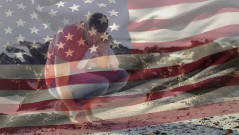 Caucasian-father-and-child-with-US-flag-waving-foreground