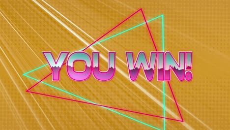 animation of you win text over neon banner against light trails on yellow background