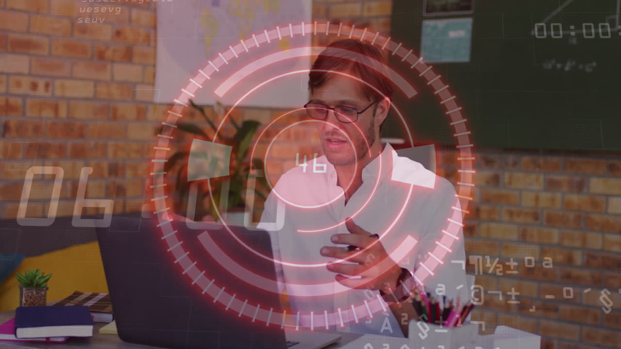 Man working at desk with digital data processing animation overlay