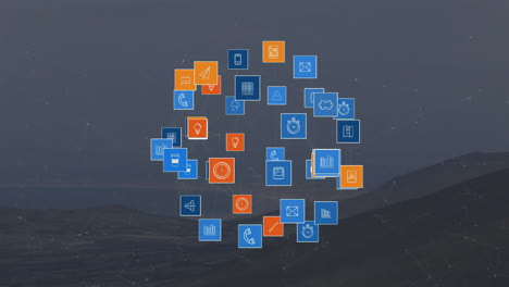 iconos de aplicaciones coloridos que forman un círculo, animación de procesamiento de datos sobre fondo oscuro