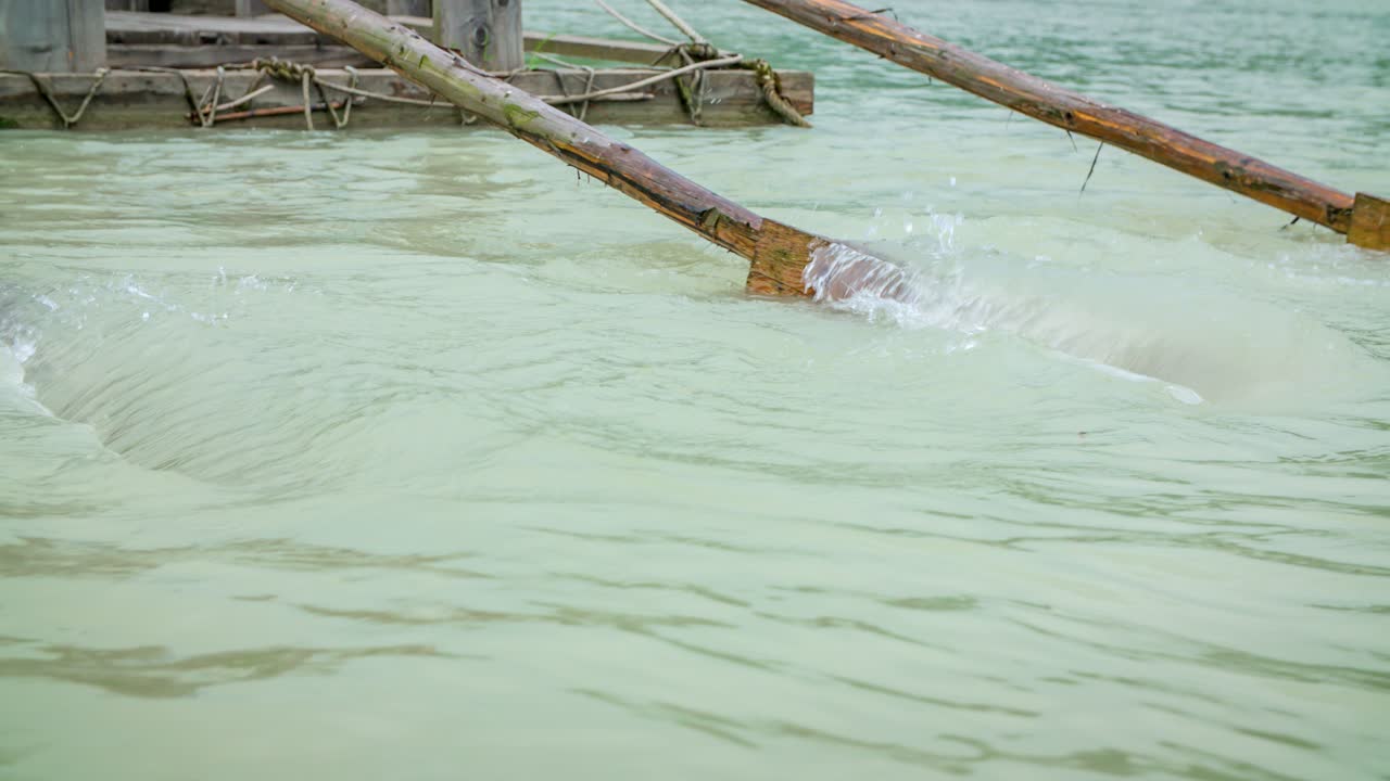 세 개의 페달의 슬로우 모션 드라바 강의 나무 뗏목