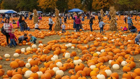 people and families at a vibrant autumn pumpkin patch