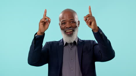 pointing up, happy and business black man
