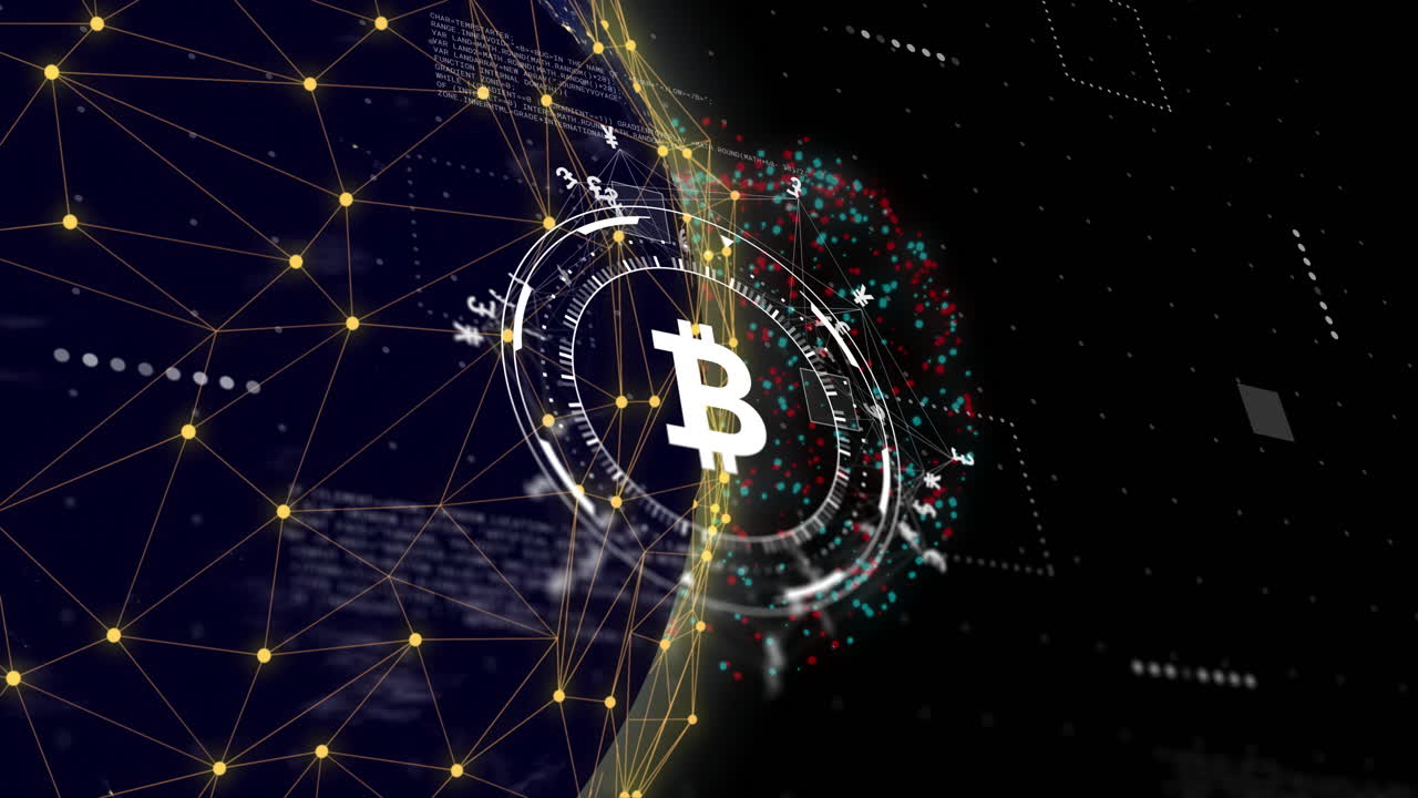 símbolo de bitcoin con red digital y animación de procesamiento de datos en todo el mundo