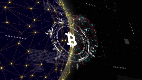 bitcoin symbol with digital network and data processing animation over globe