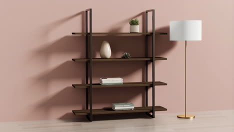 modern bookshelf with decor and floor lamp against a pink wall