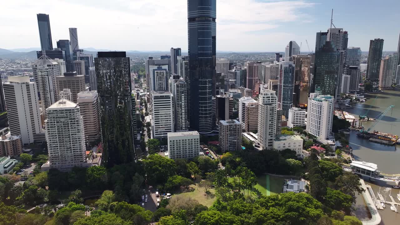 Aerial View of Brisbane City Skyline and South Bank Parklands