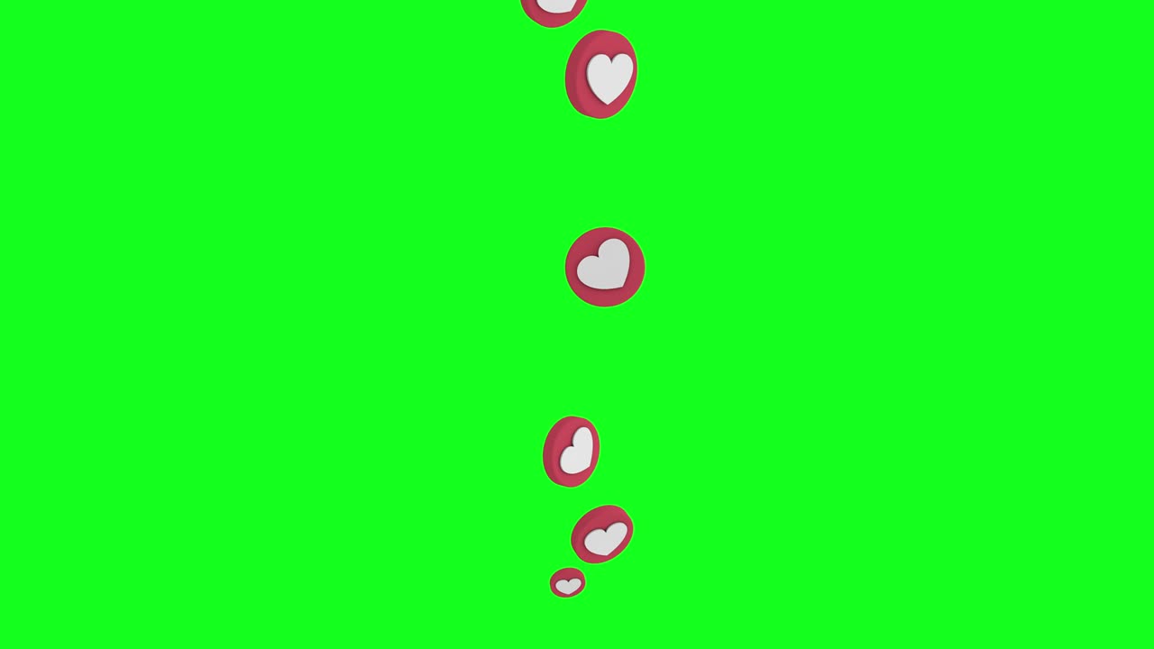 3D Green Screen Live Social Media Red and White Hearts Icons Rising on a Chroma Key New 4k Background. Concept of Social Network, Like, Thumb reaction. For Valentines, Posts, Marketing and Engagement.