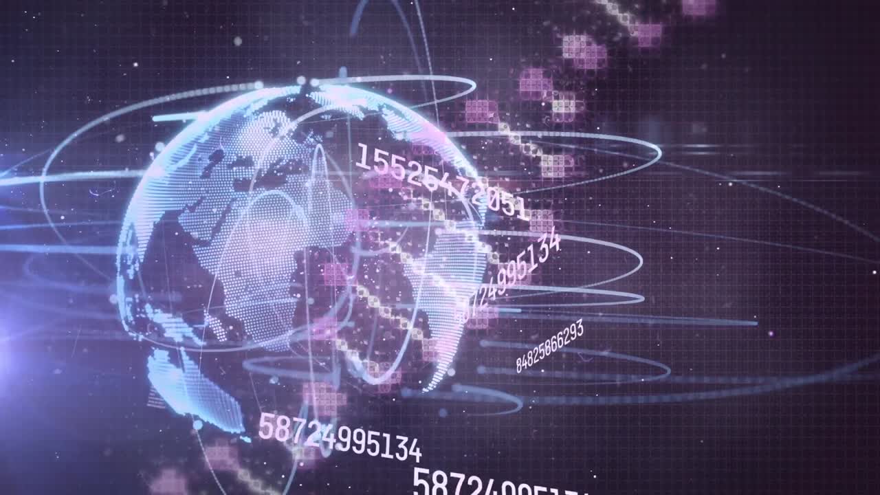 Animation of globe with data processing over dna strand on black background
