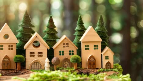 a group of small wooden houses sitting on top of a forest