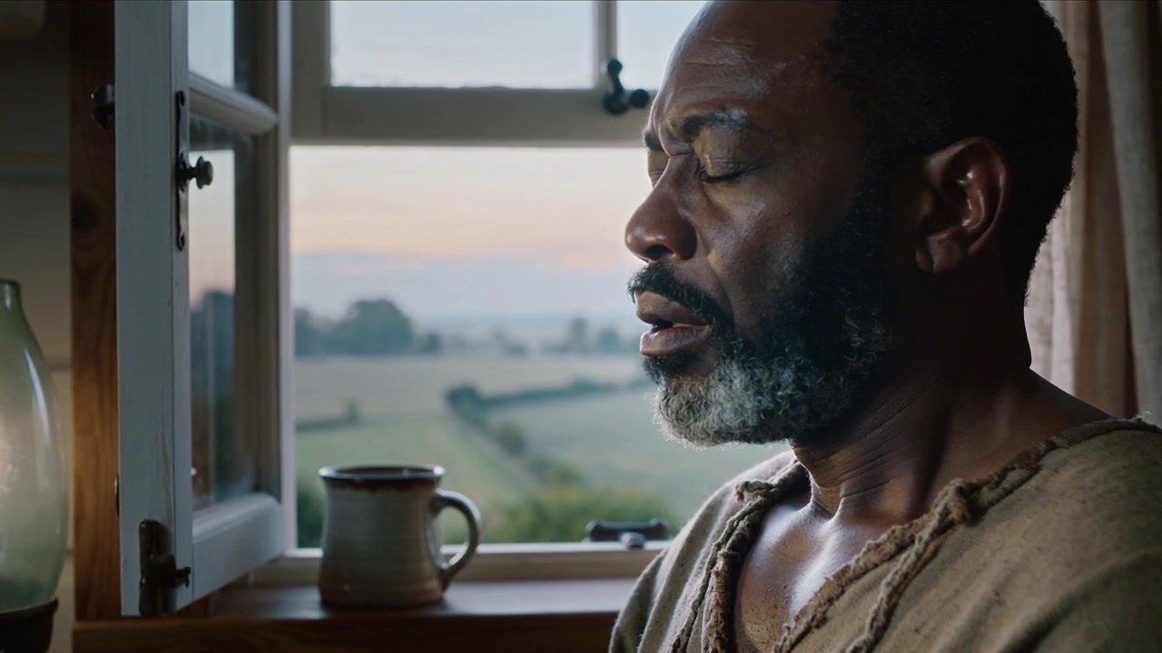 Breathing man in coarse tunic sitting cottage sill, dawn light entering window mug lamp reflecting
