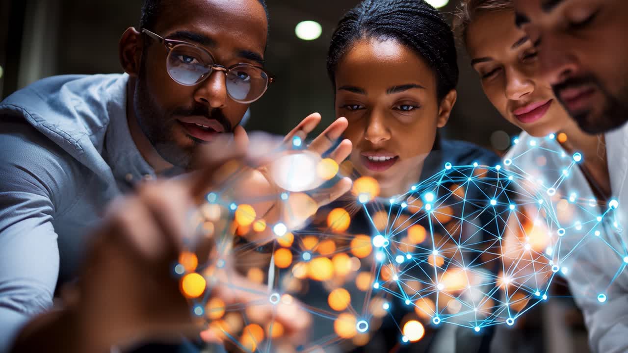 Exploring Digital Connectivity: A Group Engages with Interactive Technology Representing Network Connections and Data Visualization in a Collaborative Environment