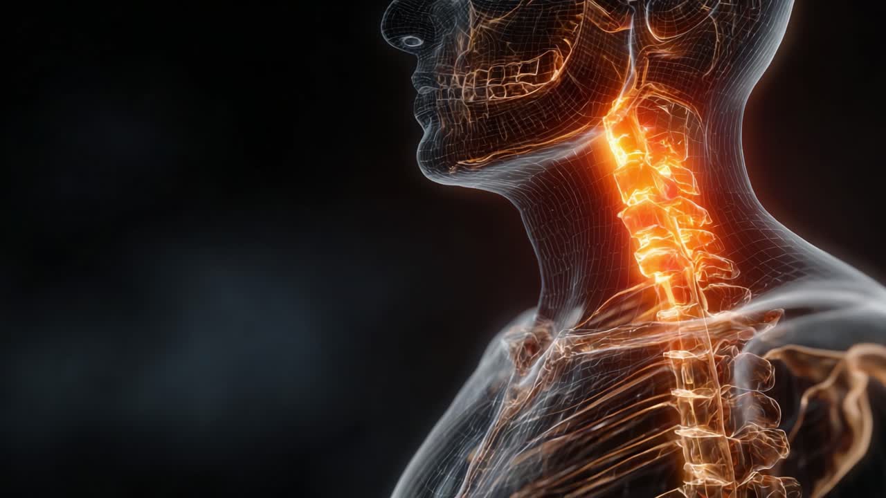 Visualizzazione dettagliata del sistema scheletrico e nervoso umano, che evidenzia la colonna cervicale e il suo ruolo vitale nel sostenere la testa e facilitare le connessioni neurali.