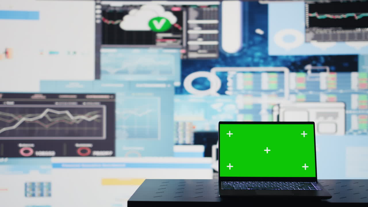 Isolated green screen on the laptop next to fintech monthly reports