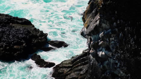 Gaviotas-Volando-Sobre-El-Mar-Con-Olas-Rompientes-A-Través-De-Columnas-De-Basalto-En-La-Costa-Del-Oeste-De-Islandia