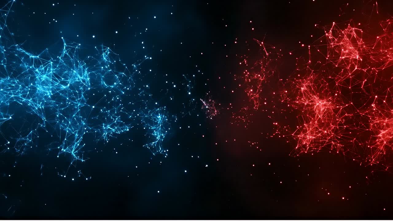 Neon shapes on dark backdrop. Bright blue and red light patterns appear against a dark background, creating a dynamic visual effect