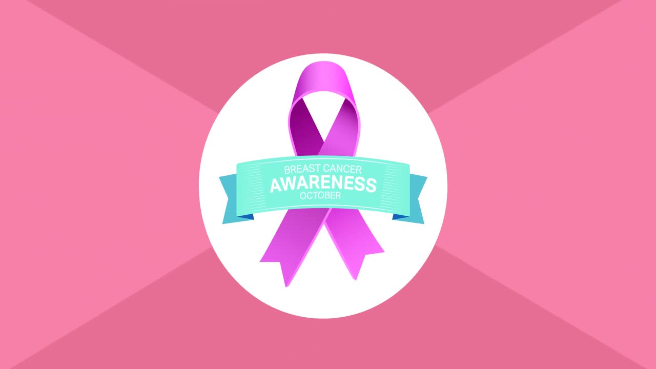 핑크색 리본 로고와 핑크색 배경에 나타나는 유방암 텍스트의 애니메이션