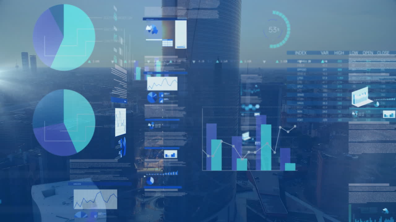 Digital graphs and charts animation over cityscape, showcasing data analysis