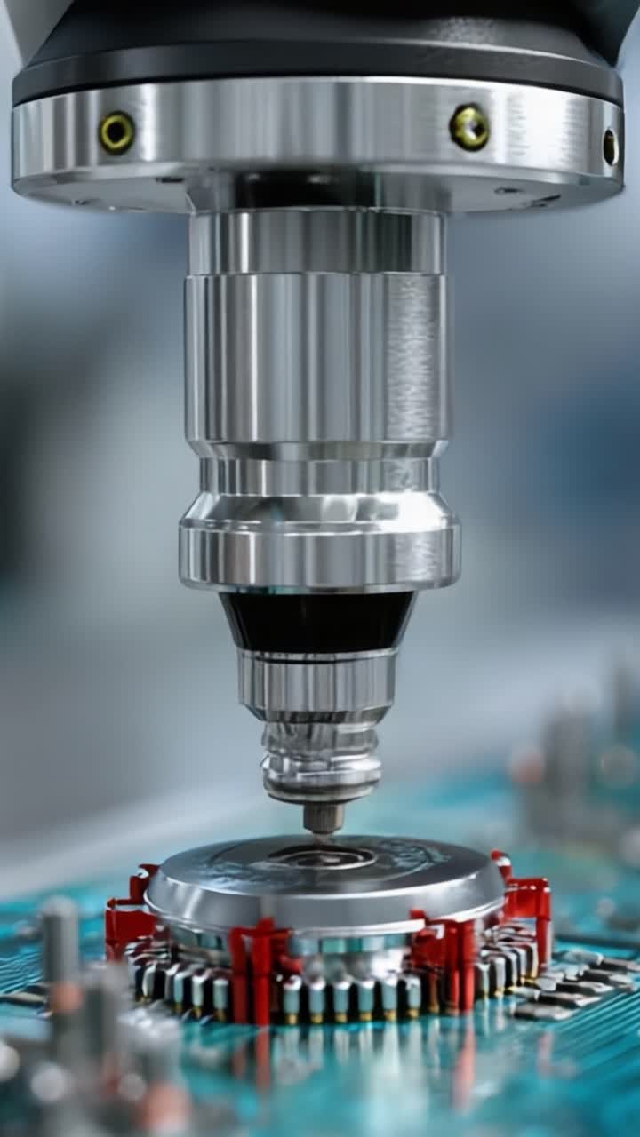 Advanced Precision: Modern Technology in Action with a Microscopic Lens Focusing on Intricate Circuitry and Microchip Components in a High-Tech Environment