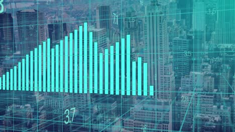 Animation-Der-Blauen-Grafik-Und-Datenverarbeitung-Auf-Einem-3D-Raster-über-Gebäuden-Im-Modernen-Stadtbild