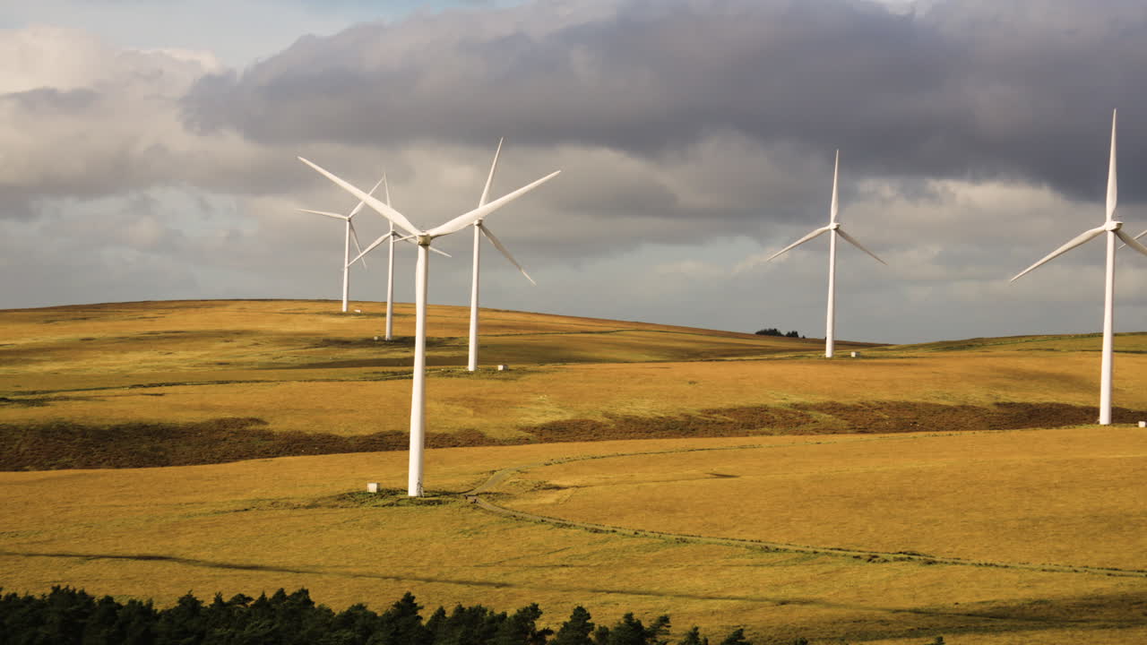 Panning Up Reveal of Wind Farm on Windy Day on Moorland with Pine Tree Forest in Foreground. Clean Renewable Energy Being Generated on Natural Landscape Environment in Wales, UK