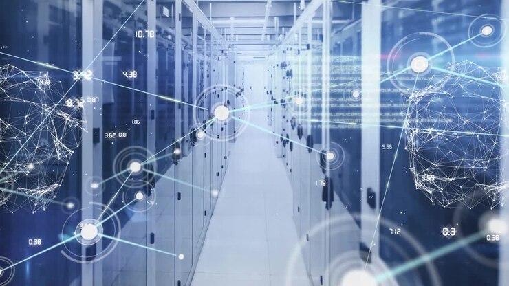 Animation of network of connections with icons and data processing over computer servers