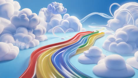 rainbow path amidst fluffy clouds