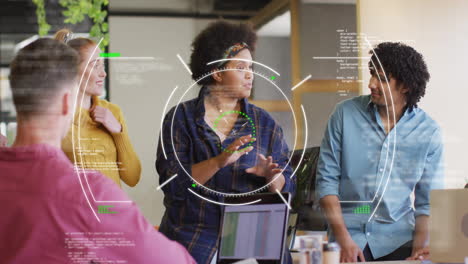 animation of data processing and scope scanning over diverse colleagues discussing work in office