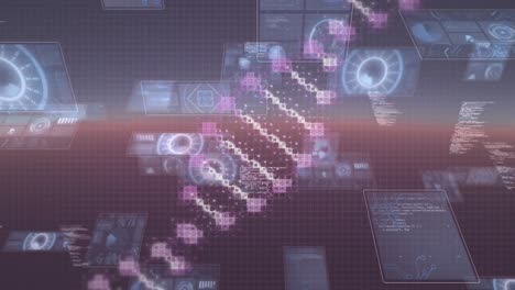 Animation-of-spinning-dna-over-data-processing-on-moving-screens