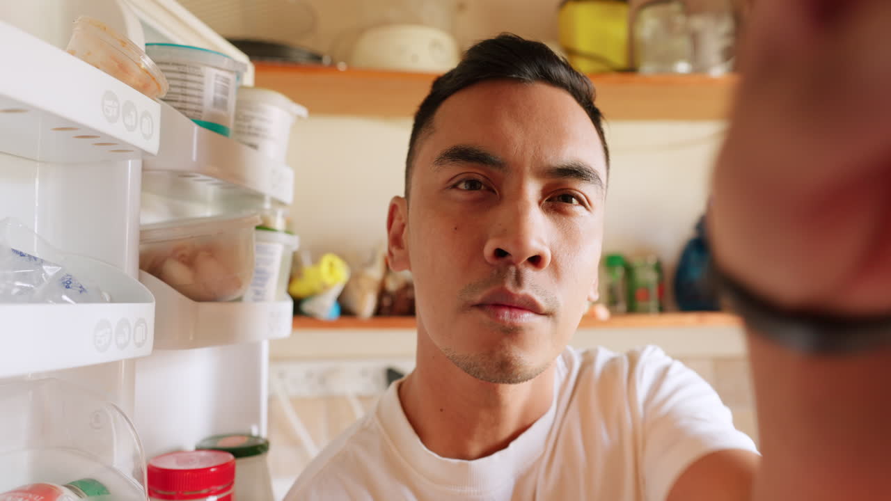 요리하는 남자 식품 영감을 위해 냉장고에서 검색