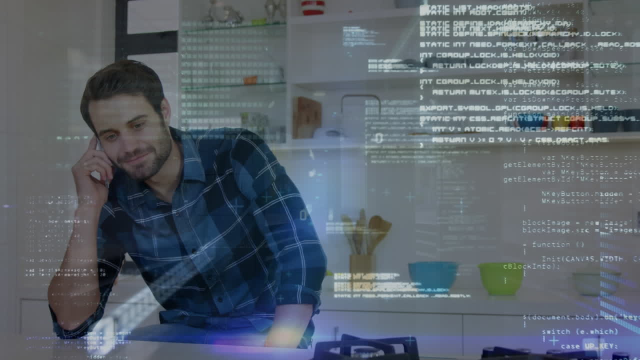 animación de codificación binaria y procesamiento de datos sobre empresario usando teléfono inteligente en la oficina.