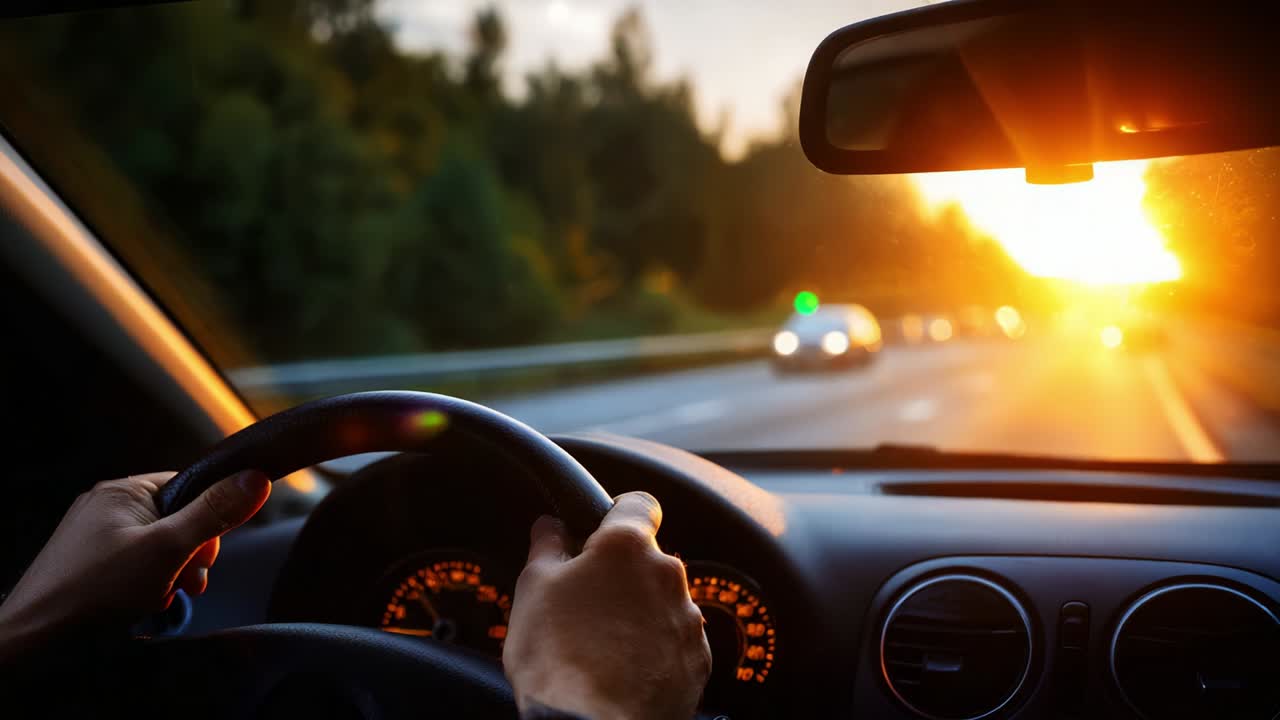 Captivating Evening Drive: A Journey Through the Golden Glow of Sunset on the Open Road with Hands on the Wheel and Nature Surrounding, Highlighting the Serenity and Beauty of Travel