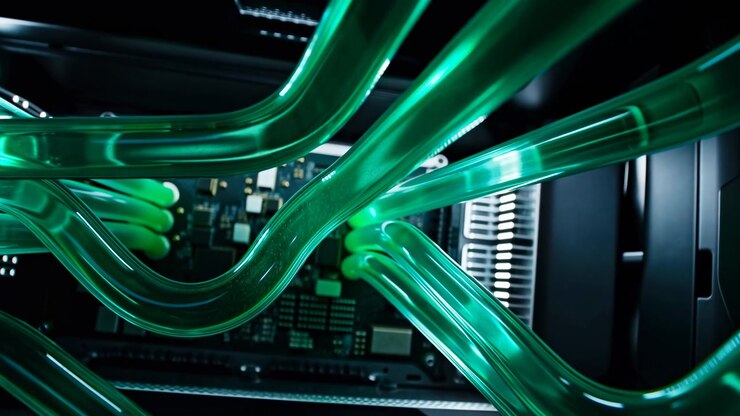 Close view moves forward through curved green tubing around electronic components, with bright highlights, black metal housing, circuit details, layered depth, and polished reflective surfaces.