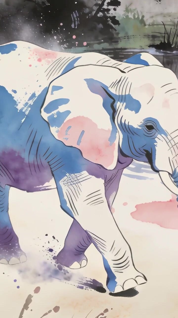 Video verticale: Elefante acquerello inchiostrato che cammina e si muove attraverso la palude con i fotogrammi in movimento.