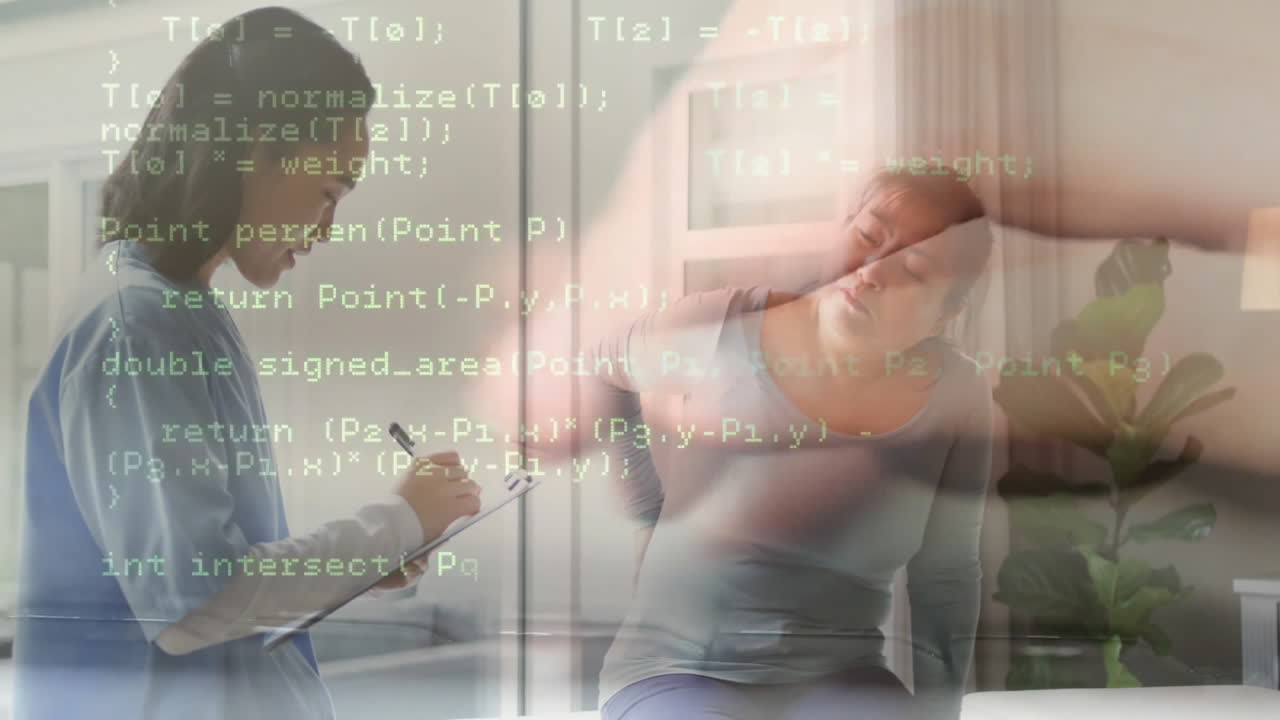 Clinician examining patient holding back pain in exam room, showing animated health chart