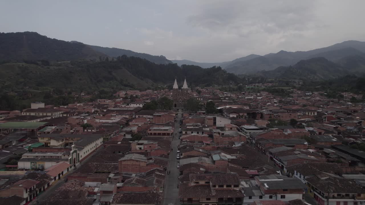 Jardín Antioquia, Aerial Fly Colombian Colorful Colonial Houses and Rooftops